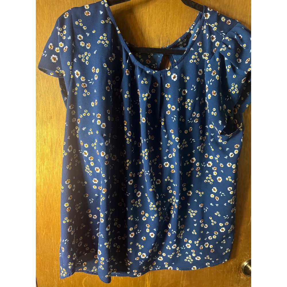 Paper Crane Blue Floral Daisy Pleated Keyhole Blouse Top Women 2X Short Sleeve